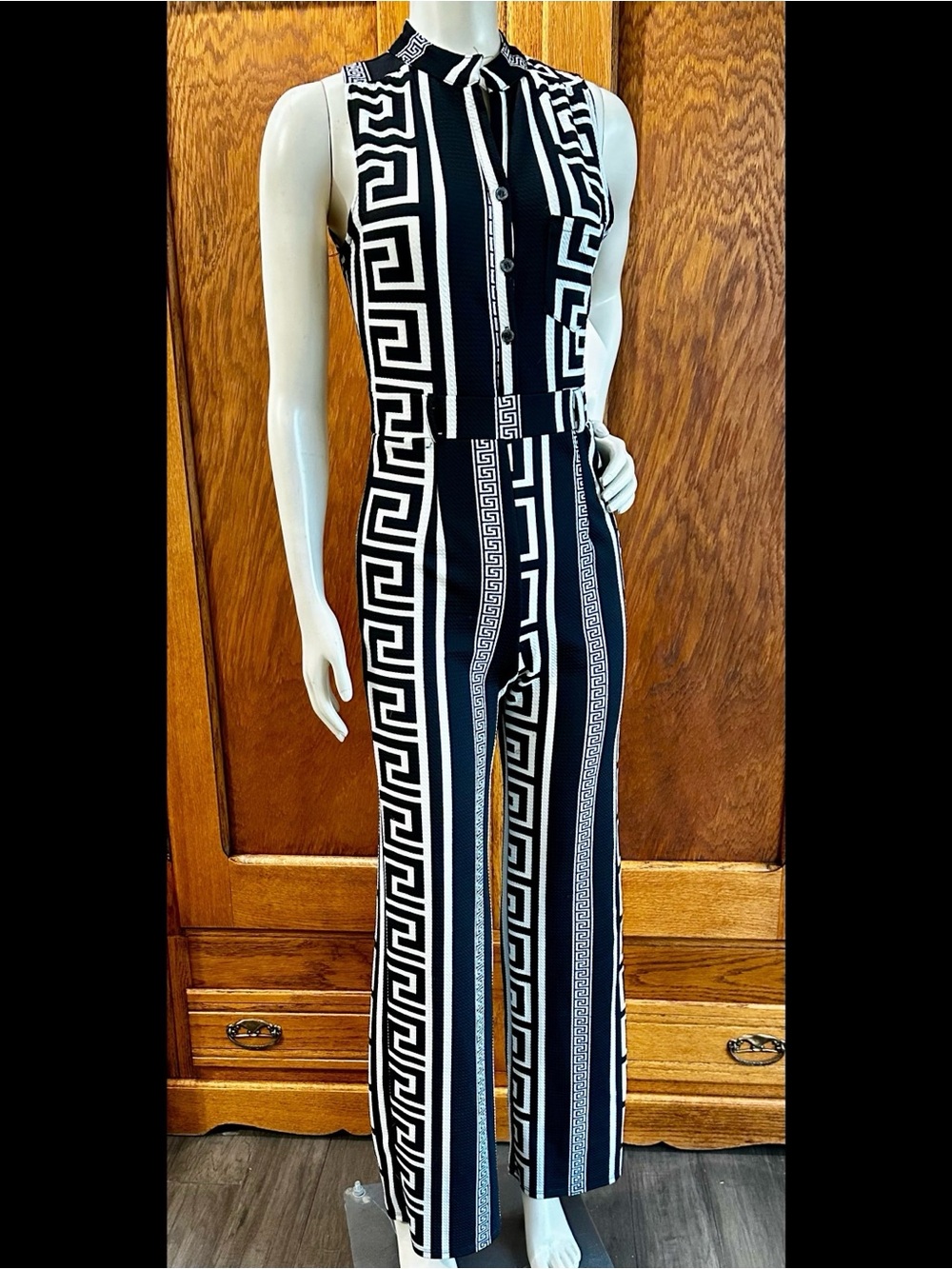 Black & White Sleeveless Geometric Jumpsuit